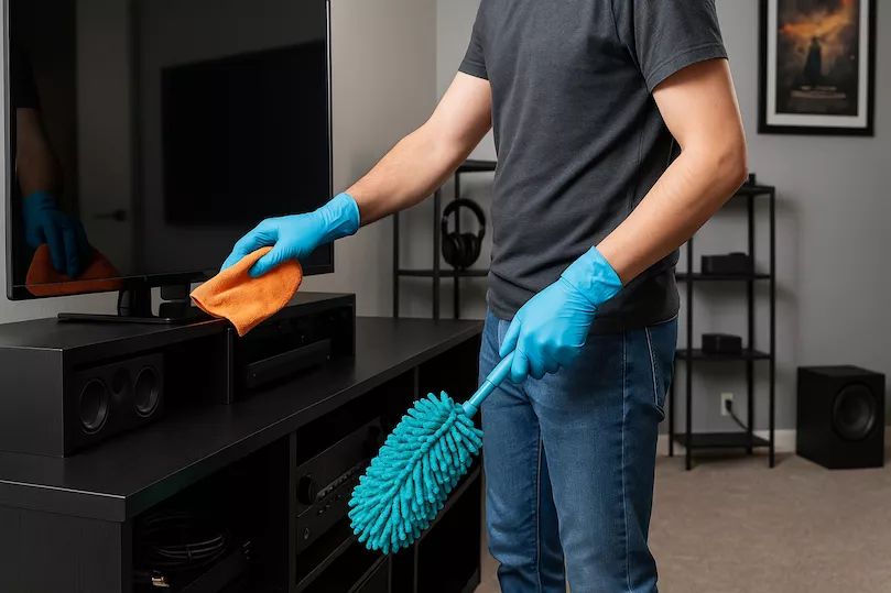 “Person städar biorum med fokus på rena teknikytor, organiserade kablar och dammfria prylar i modern hemmiljö”